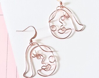 Delicate Wire Abstract Face Earrings - Modern Art Line Drawing Wireworked Outline