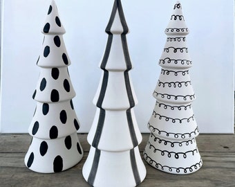 Modern Black & White Ceramic Tree - Large Hand Painted Bisque Minimalist Christmas Accent - One of a Kind Holiday Decor