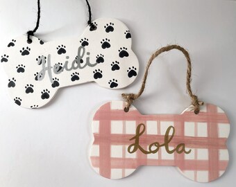 Custom Ceramic Bisque Dog Bone Pet Name Ornament | Rustic Modern Black, White, Pink Pattern