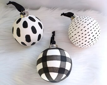 Hand Painted Black & White Ceramic Ornament Set, Modern Christmas Decor