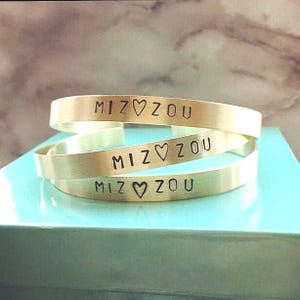 Mizzou Hand Stamped Cuff Bracelet MU Gold Brass Bangle Miz Zou University of Missouri Tigers Licensed Jewelry
