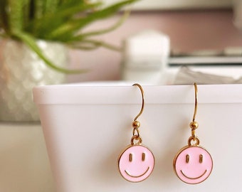 Cute Pink and Gold Happy Face Earrings - Adorable Smile Jewelry Gift