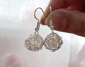 Modern Silver Ball Earrings Simple Tangled Wire Dangle Drop Handmade Earrings