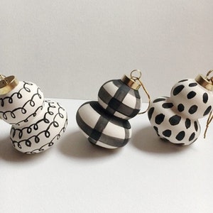 Modern Black & White Ornament Set - Hand Painted Bisque Ceramic Minimalist Christmas Ornaments - One of a Kind Holiday Decor