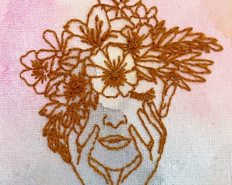 Watercolor Aesthetic Hand Embroidered Whimsical Female With Flower Crown Art