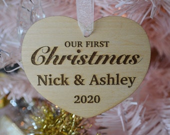 Our First Christmas Personalized Custom Wood Heart Ornament | Annual Yearly Commemorative Holiday Decor Accent 2020