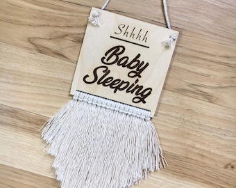 Handmade Baby Nursery Door Hanger - Shhh Baby Sleeping - Laser Cut Wood and Macramé Home Decor Accent