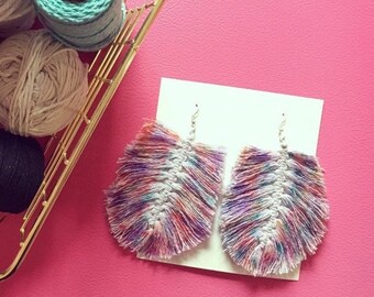 Colorful Macrame Feather Earrings | Large  Lightweight Statement Jewelry | Vibrant Rainbow Color Boho Chic Accessories | Mermaid Unicorn