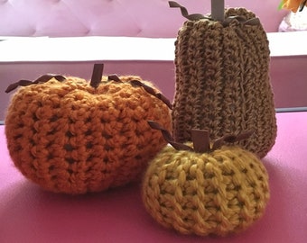 Plush Pumpkins and Gourds | Handmade Fiber Art Crochet Knit Decor | Fall, Halloween, or Thanksgiving Decoration