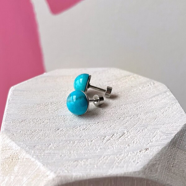 Turquoise Flat Back Stud Earrings AAA Gemstone Screwback Studs Rose Quartz Black Onyx Cabachon Minimalist Jewelry