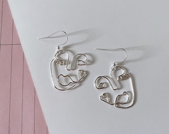 Delicate Wire Abstract Face Earrings - Modern Art Line Drawing Wireworked Outline