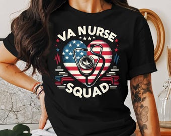 May include: Black t-shirt with a red, white, and blue heart design featuring a stethoscope and the text "VA NURSE SQUAD".
