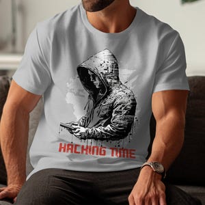 Hacking Time Graphic T-Shirt: Hooded Cyber Design, Tech Enthusiast Gift