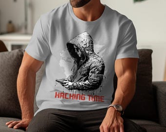 Camiseta gráfica Hacking Time: design cibernético com capuz, presente para entusiastas de tecnologia