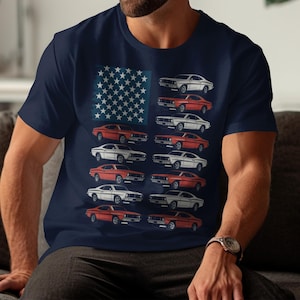Vintage Muscle Car T-Shirt: USA Flag Graphic Tee, Retro American Style