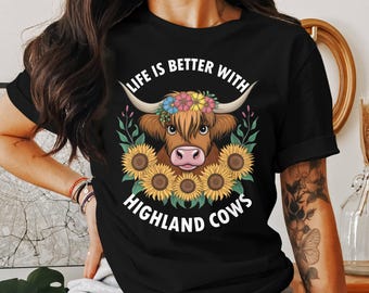 Maglietta unisex con grafica floreale Highland Cow