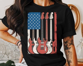 American Flag Guitar T-Shirt: Patriotic Musician Unisex Tee
