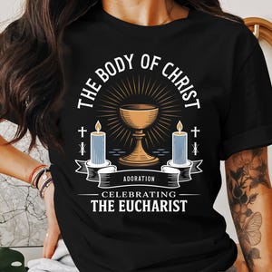Eucharist T-Shirt: Chalice, Candles, Cross - Christian Apparel