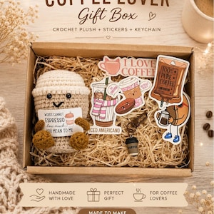 Presentask för kaffeälskare, virkad kaffeplysch, presentset för kaffe, baristapresent, present till kaffeälskare, söt kaffedekoration, handgjord presentask
