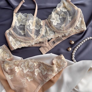 Lace lingerie, Flowers lace lingerie set, Bottom floral design, Romantic floral embroidered lingerie set, Handmade sheer bra and panty