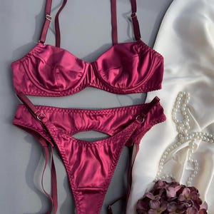 Satin underwear, Lingerie set, Burgundy lingerie, Hot lingerie, Burgundy lingerie set, Satin lingerie set