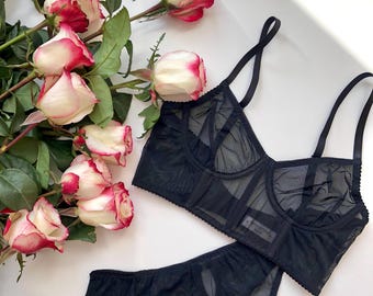 Schwarz Mesh Dessous Set, Schiere Bustier, Handgefertigte Unterwäsche