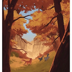Puede incluir: Ilustración de una escena de bosque con el texto "THUNDERCLAN" y una cita. La obra de arte representa un camino a través de árboles con follaje otoñal y varios gatos en primer plano.