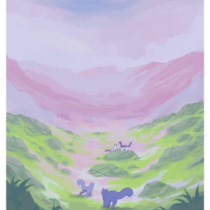 K&ouml;nnte beinhalten: Illustration einer Landschaft mit stilisierten Katzen. Die Szene zeigt gr&uuml;ne H&uuml;gel, einen Fluss und einen rosa-violetten Himmel. Der Text "WINDCLAN" und ein Zitat stehen oben. Die Katzen sind in verschiedenen Blau- und Graut&ouml;nen gehalten.