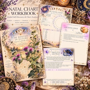 Peut inclure: Un cahier d'exercices de thème astral intitulé Be Rooted in Nature avec des illustrations célestes et botaniques. L'ensemble comprend plusieurs pages avec des sections pour My Natal Chart, My Natal Venus et Aspects of my Natal Planets.
