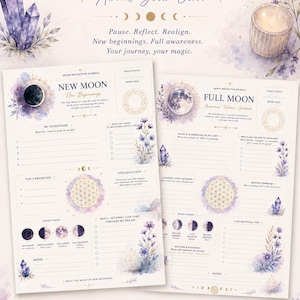 Puede incluir: Dos páginas de diario de reflexión lunar con ilustraciones florales moradas, cristales y patrones geométricos dorados. El texto incluye encabezados de Luna Nueva y Luna Llena, con secciones para intenciones, prioridades y gratitud.