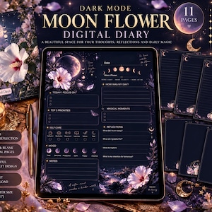 Op de afbeelding: Een digitaal dagboekset genaamd Moon Flower met een dark mode esthetiek en illustraties van manen en bloemen. De set bevat een omslag, een begeleide dagpagina met secties voor prioriteiten en reflecties, en diverse gelinieerde en lege pagina's.