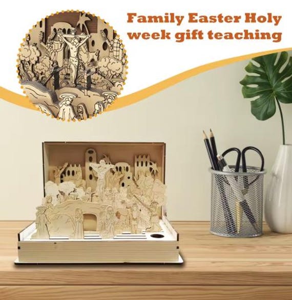 Family Easte Holy Week Gift, Easte Esuection Scene Deco Unique Handmade Diy Book Kit Wooden Playset Teaching Aid Keepsake Table Decorations%2f15302715662