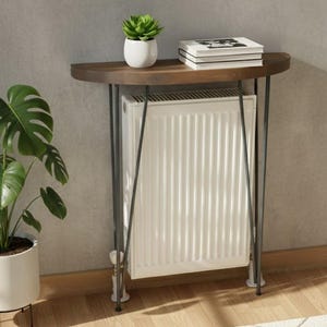May include: A small, dark wood console table with a semi-circular top. The table has a white radiator beneath it and is supported by dark metal legs. A small potted succulent and two books are on top.