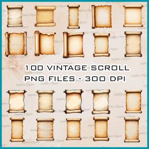 100 Vintage Scroll Clipart PNG Bundle | Medieval Parchment Paper Clip Art | Old Paper Ephemera for Junk Journal, Crafts, Invitations