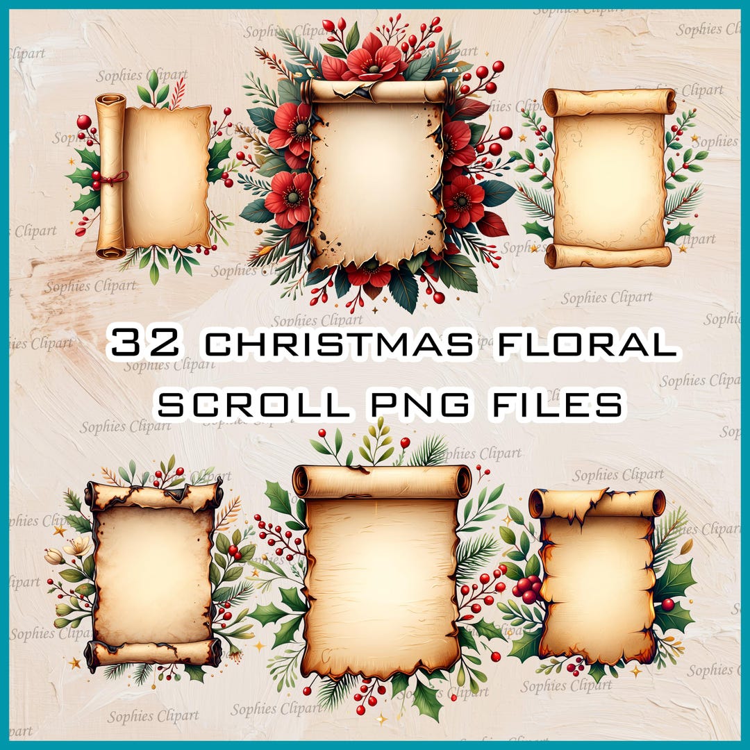 Winter Scroll Picture Example Christmas Floral Scroll Bundle PNG 32 Winter Vintage Parchment Scrolls ...