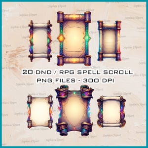May include: A collection of six fantasy-themed spell scrolls with ornate, colorful borders. The image includes the text "20 DND / RPG SPELL SCROLL PNG FILES - 300 DPI". The scrolls have a parchment-like appearance, suitable for digital art or gaming.