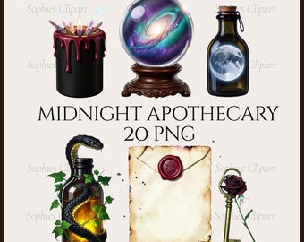 Imágenes prediseñadas de boticario de medianoche, paquete PNG de botánica gótica de brujas (descarga digital)