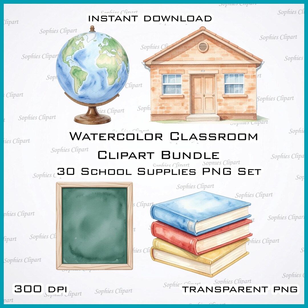 Watercolor Classroom Clipart Bundle – 30 School Supplies PNG Set ...