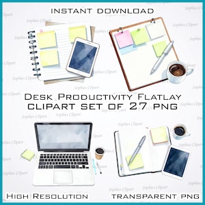 May include: Watercolor illustration of a desk productivity flatlay set. The image includes a laptop, notebook, tablet, coffee cup, pen, and sticky notes. Text on the image reads "INSTANT DOWNLOAD", "DESK PRODUCTIVITY FLATLAY CLIPART SET OF 27 PNG", "HIGH RESOLUTION", and "TRANSPARENT PNG".