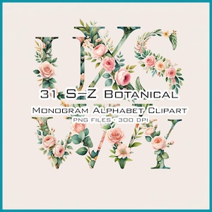 Watercolor Floral Monogram Clipart S-Z: Botanical Letters PNG Bundle (Digital Download