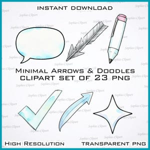 Puede incluir: Un conjunto de imágenes prediseñadas de flechas y garabatos minimalistas en formato PNG. La imagen incluye una burbuja de diálogo, una pluma, un bolígrafo, una marca de verificación, una flecha y una estrella. El texto de la imagen dice "DESCARGA INSTANTÁNEA", "MINIMAL ARROWS & DOODLES CLIPART SET OF 23 PNG", "ALTA RESOLUCIÓN" y "PNG TRANSPARENTE".