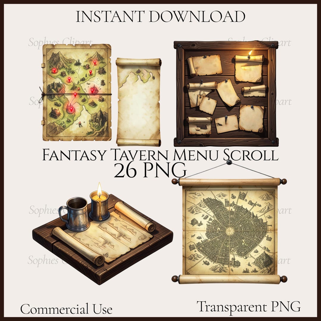 Fantasy Tavern Menu Scroll Clipart, 26 PNG, Dnd Inn Parchment (digital ...