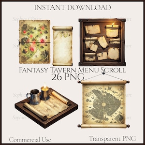 Imágenes prediseñadas de pergaminos de menú de taberna de fantasía, 26 PNG, pergamino de posada de DnD (descarga digital)
