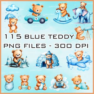 Blue Teddy Bear Clipart Bundle 115 High Resolution PNG Files Transparent Background Baby Shower Nursery Decor Scrapbooking Sublimation Craft