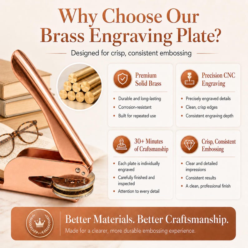 May include: A rose gold metal embossing press tool with a circular die, accompanied by text explaining the benefits of brass engraving plates, including features like premium solid brass, precision CNC engraving, and consistent embossing results.