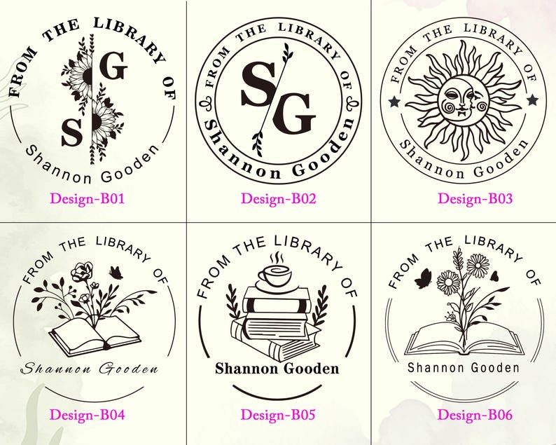 May include: A collection of six circular black and white custom book stamp designs. Each design features the text 'FROM THE LIBRARY OF' and 'Shannon Gooden' alongside various illustrations including sunflowers, initials, a sun and moon, and books.