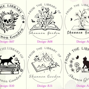 May include: Six circular black and white stamp designs labeled Design-A07 through Design-A12. Each features the text FROM THE LIBRARY OF Shannon Gooden with illustrations including a skull, open books, flowers, mountains, and cats.