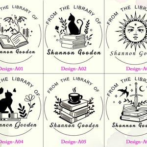 May include: A set of six circular custom library stamps featuring black ink illustrations on a light background. Each stamp includes the text 'FROM THE LIBRARY OF' and the name 'Shannon Gooden' alongside motifs like dragons, cats, books, suns, and swords.