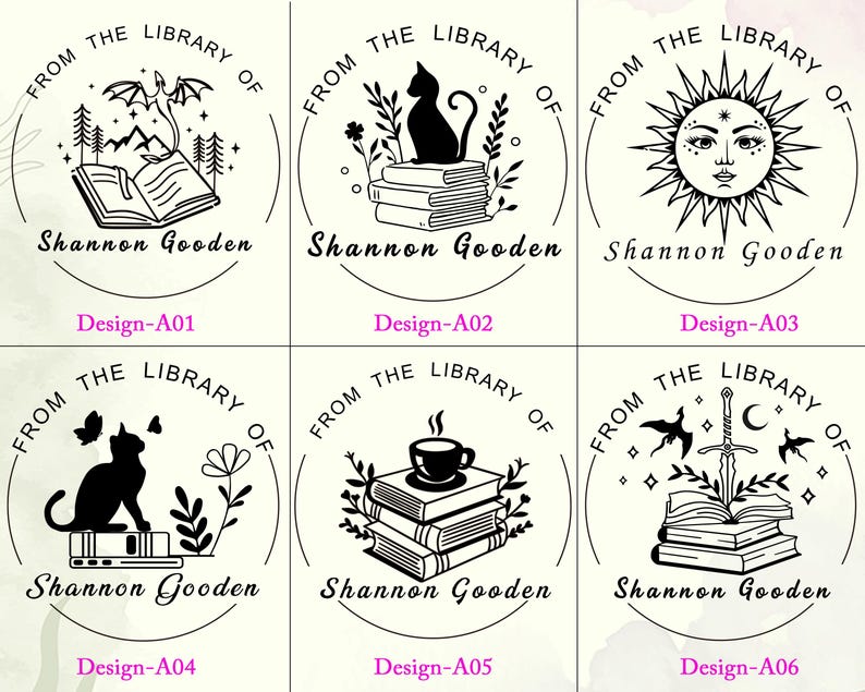 May include: A set of six circular custom library stamps featuring black ink illustrations on a light background. Each stamp includes the text 'FROM THE LIBRARY OF' and the name 'Shannon Gooden' alongside motifs like dragons, cats, books, suns, and swords.