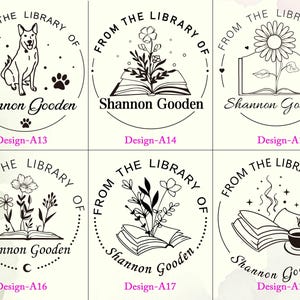 May include: Six circular black and white stamp designs labeled Design-A13 through Design-A18. Each features the text 'FROM THE LIBRARY OF' and 'Shannon Gooden' surrounding illustrations of a dog, books with flowers, or a book with a coffee cup.